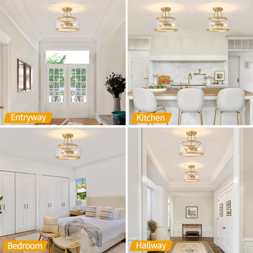 11.81" Brushed Gold Semi Flush Mount Ceiling Light, Modern Glass Drum Light Fixtures, 3-Light Golden Ceiling Lights
