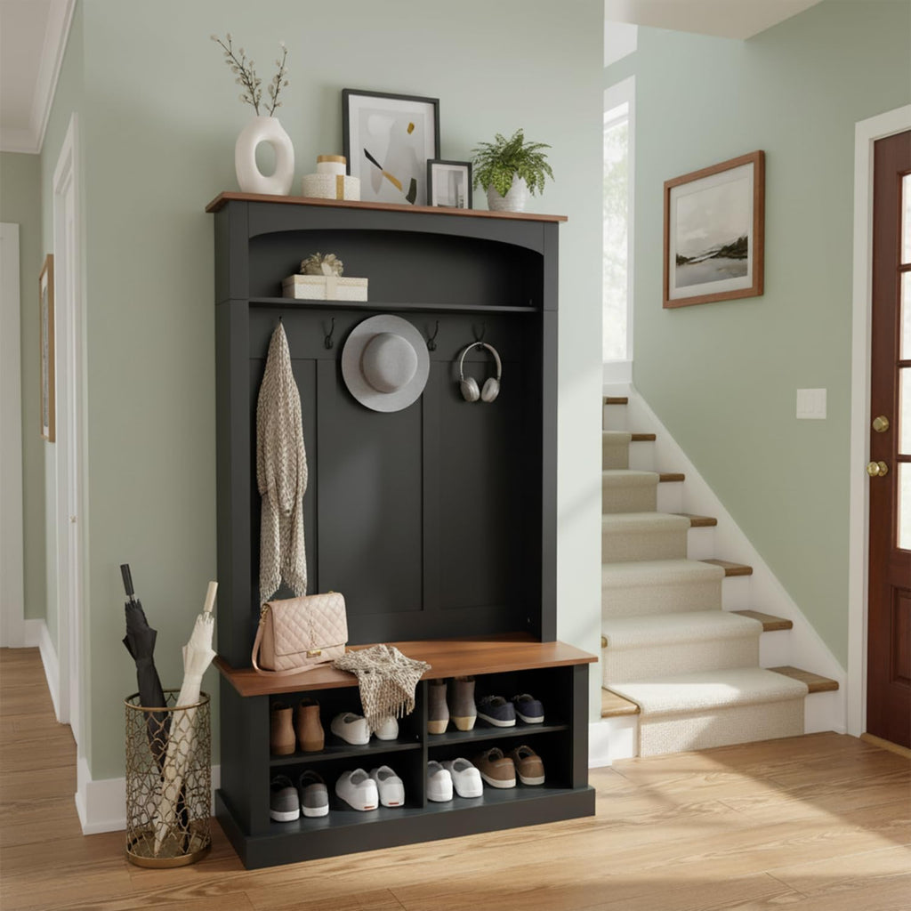 40.2" Wide Farmhouse Hall Tree with Bench, Entryway Coat Rack & Shoe Storage Cabinet with 5 Hooks, 71" Tall Mudroom