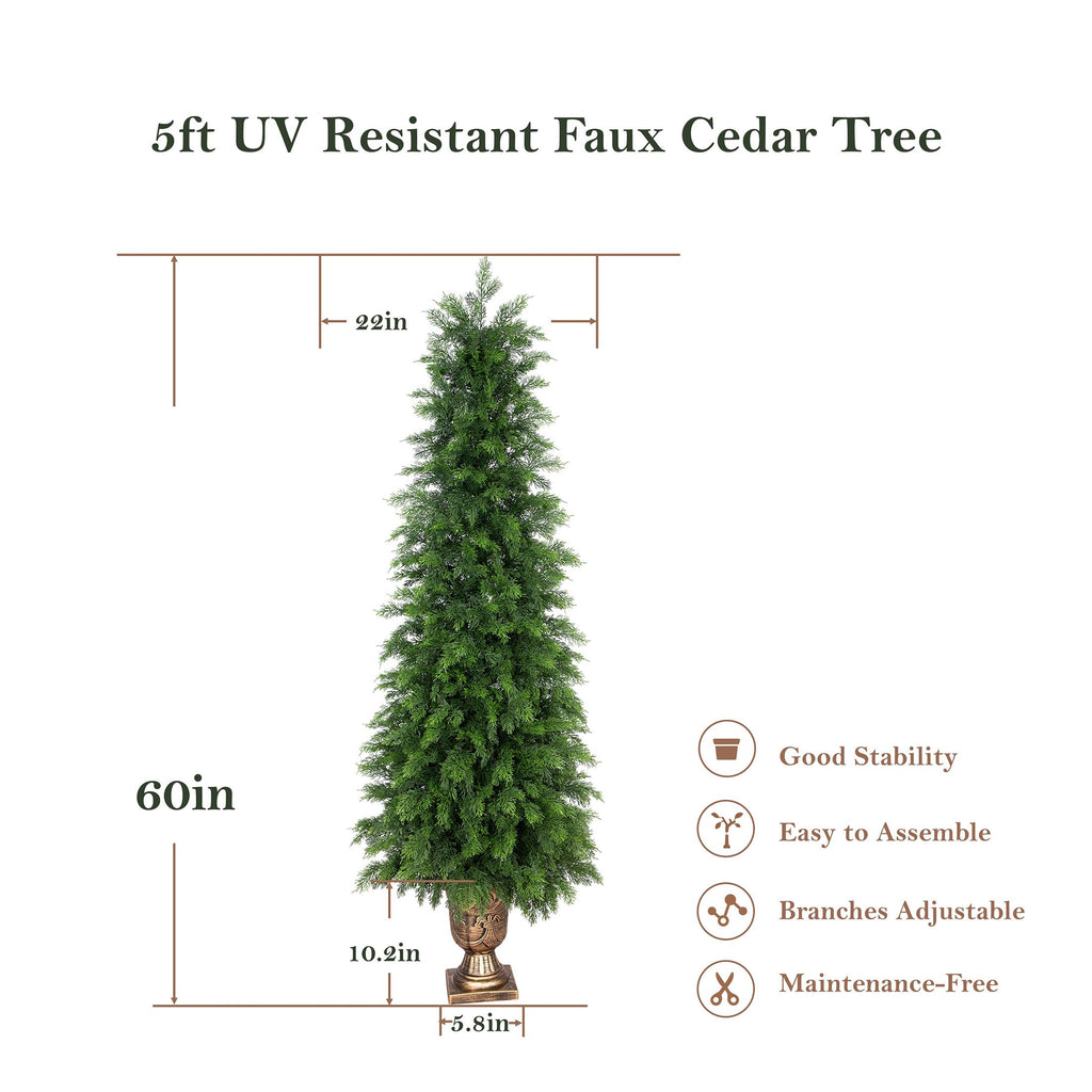 5ft UV Resistant Topiary Trees Artificial Outdoor with Urn Planter & Soft Real Touch Leaves, 60in Lifelike Faux Cedar