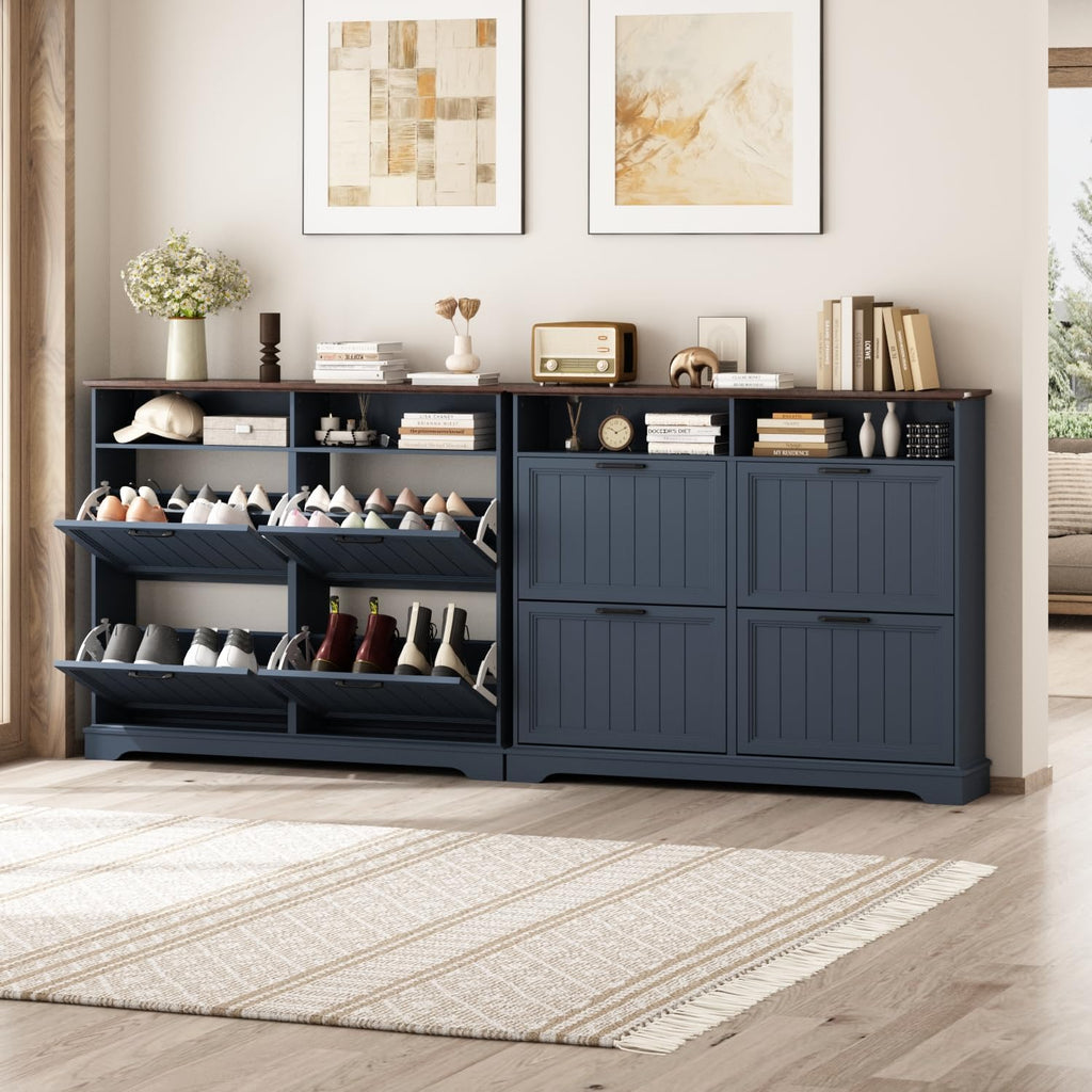Shoe Storage Cabinet with 4 Flip Drawers, Farmhouse Modern Hidden Shoes Rack Cabinet with Adjustable Shelves & Open