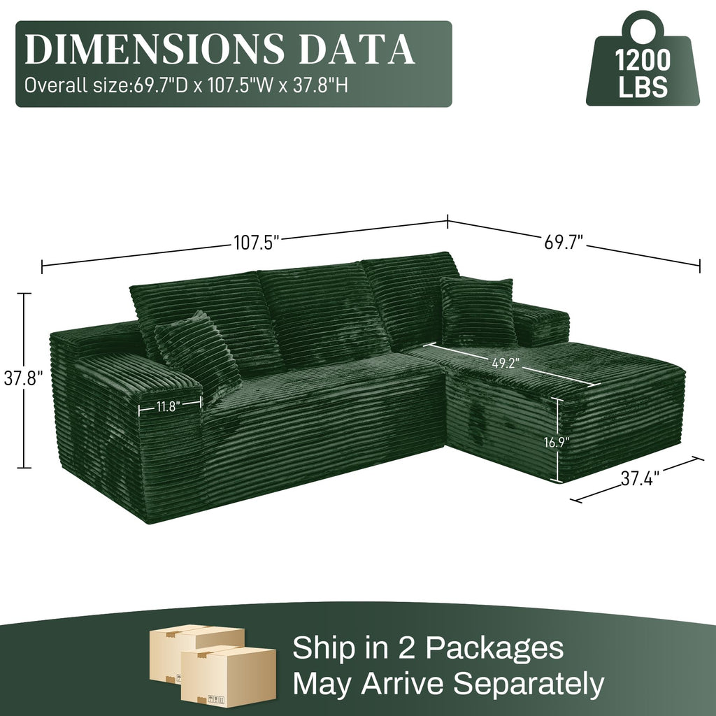 108" Boneless Couch, L Shaped Modular Sectional Sofa