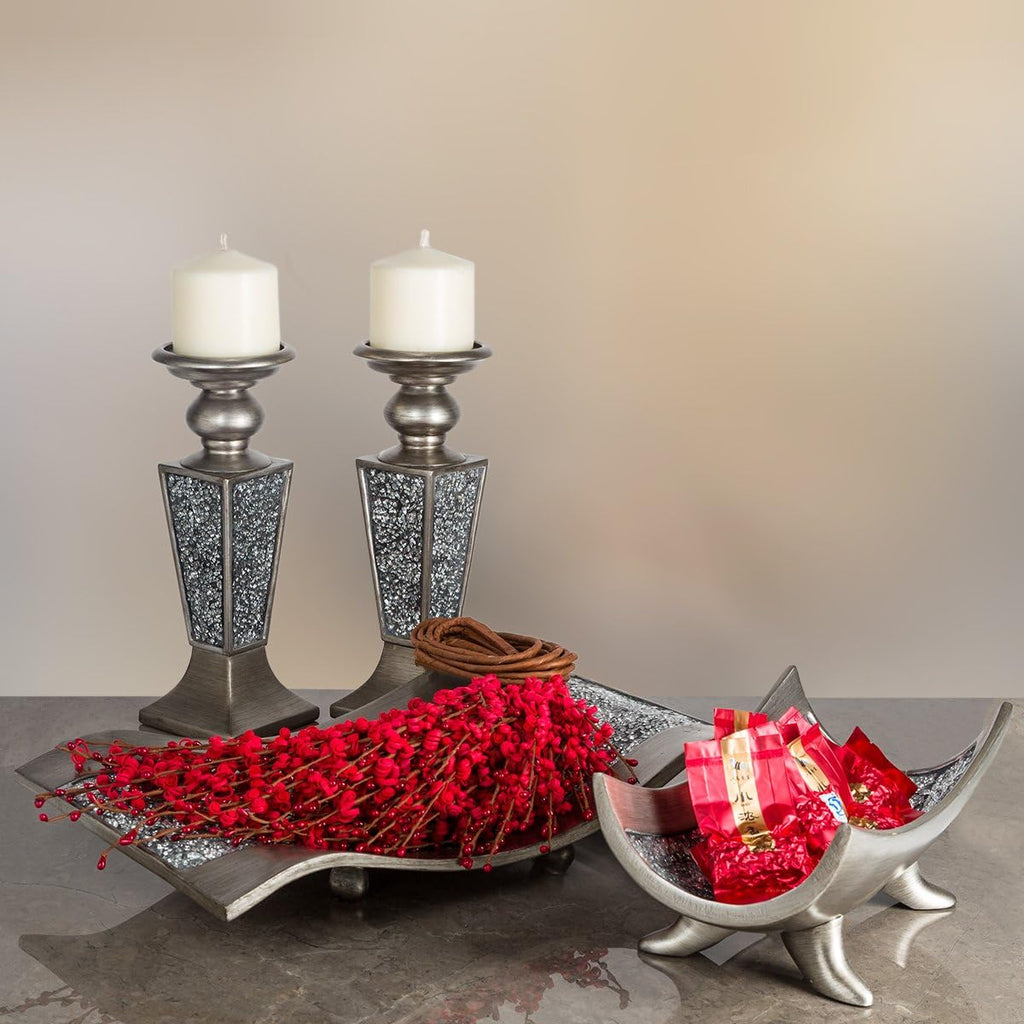 Schonwerk Silver Pillar Candle Holder Set of 2 - Crackled Mosaic Design - Centerpiece Table Decoration - Coffee Table