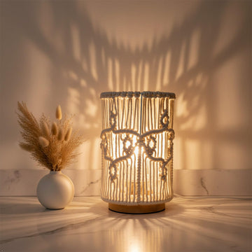 Table Desk Lamp, Small Boho Hollow-Out Decorative Bohemian Macrame Handmade Nightstand Night Light Solid Wood Base