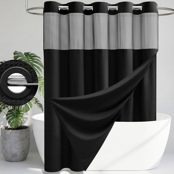 Black Hook Free Waffle Shower Curtain & Snap-in Fabric Liner,72x75 | Less Time to install, 3 in 1 Fabric Shower