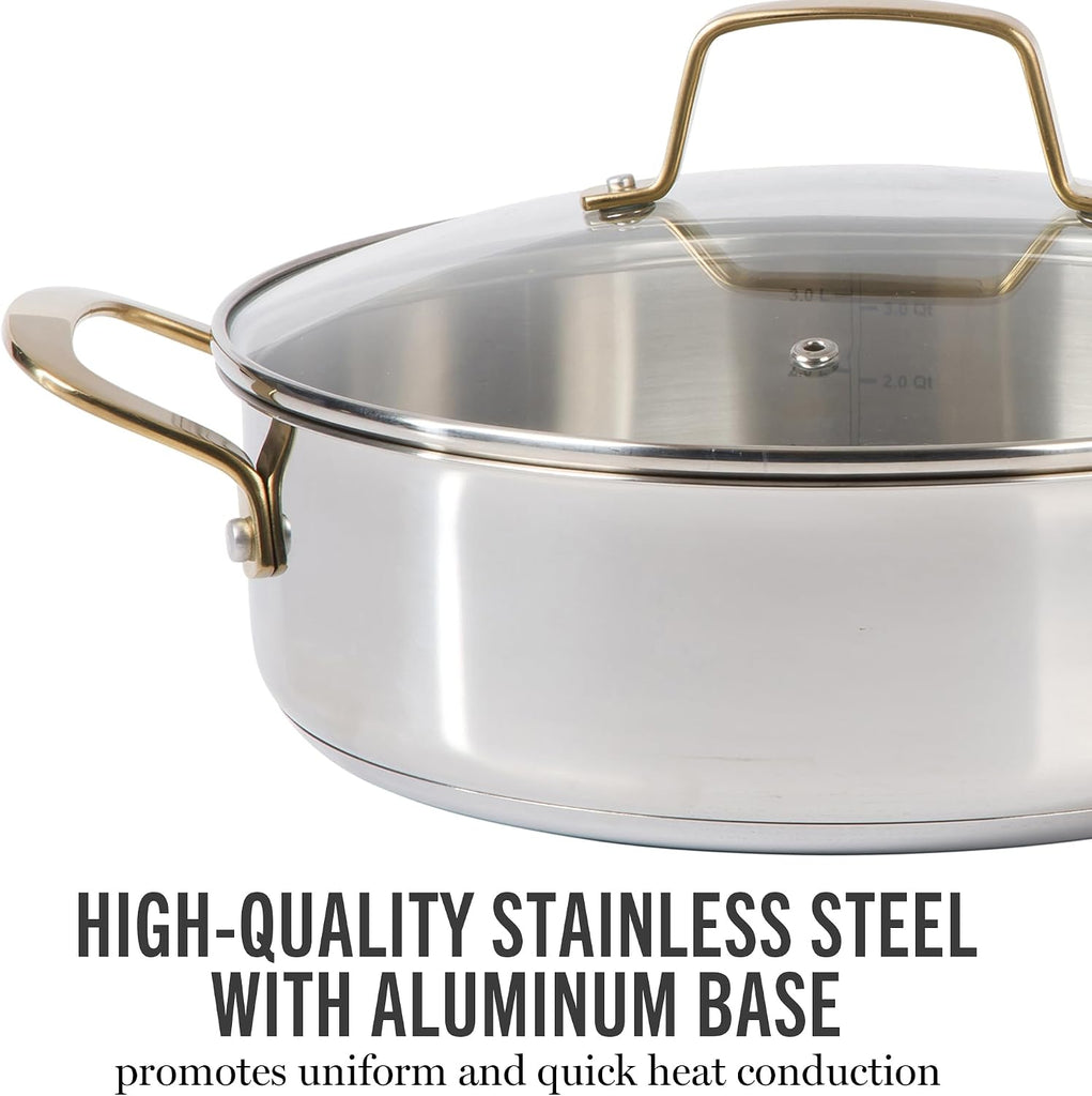 Castelle 10 Piece 18/8 Durable Stainless Steel Induction Safe Pots and Pans Non-Toxic Kitchen Cookware Set - Gold