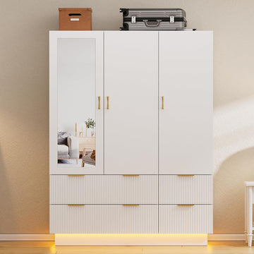 Armoire Wardrobe Closet with 3 Door, Mirror, LED Lights | Hanging Rod, Drawers, Bedroom Armoires - Large Capacity