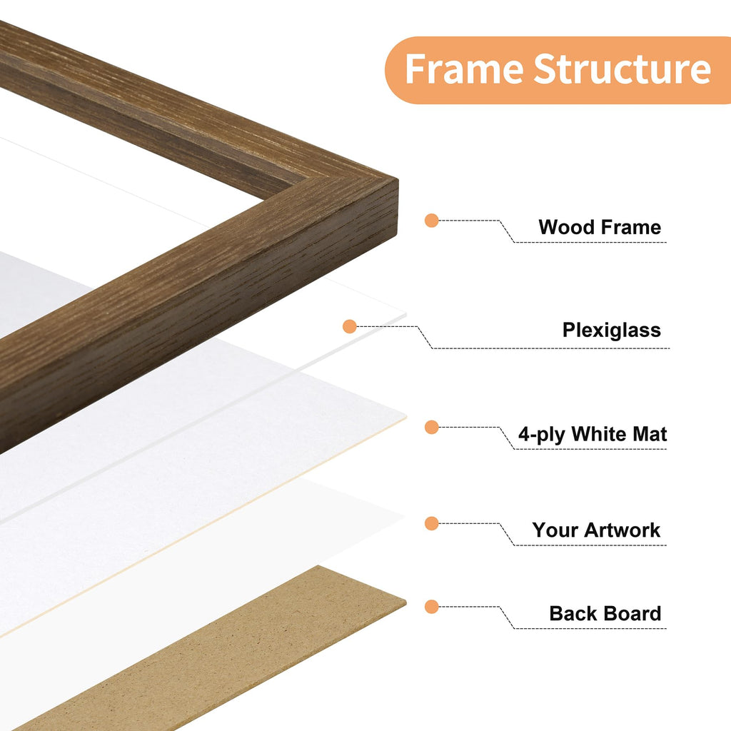 Minimalist 12x16 Picture Frame with Mat for 8.5x11, Brown Walnut, Solid Wood 12x16 Frame for Posters or Art Prints