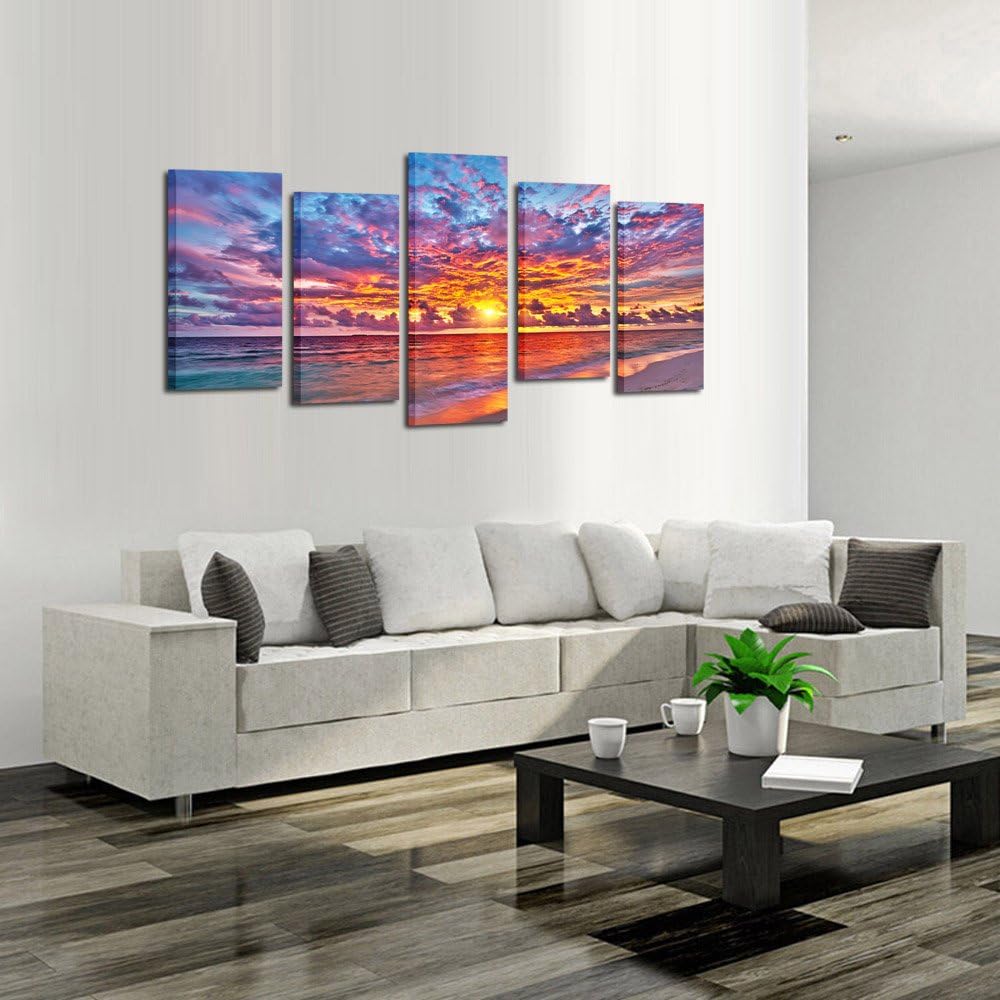 5 Pieces Modern Canvas Painting Wall Art Colorful Sunset Over Ocean on Maldives Seascape Picture Print On Canvas