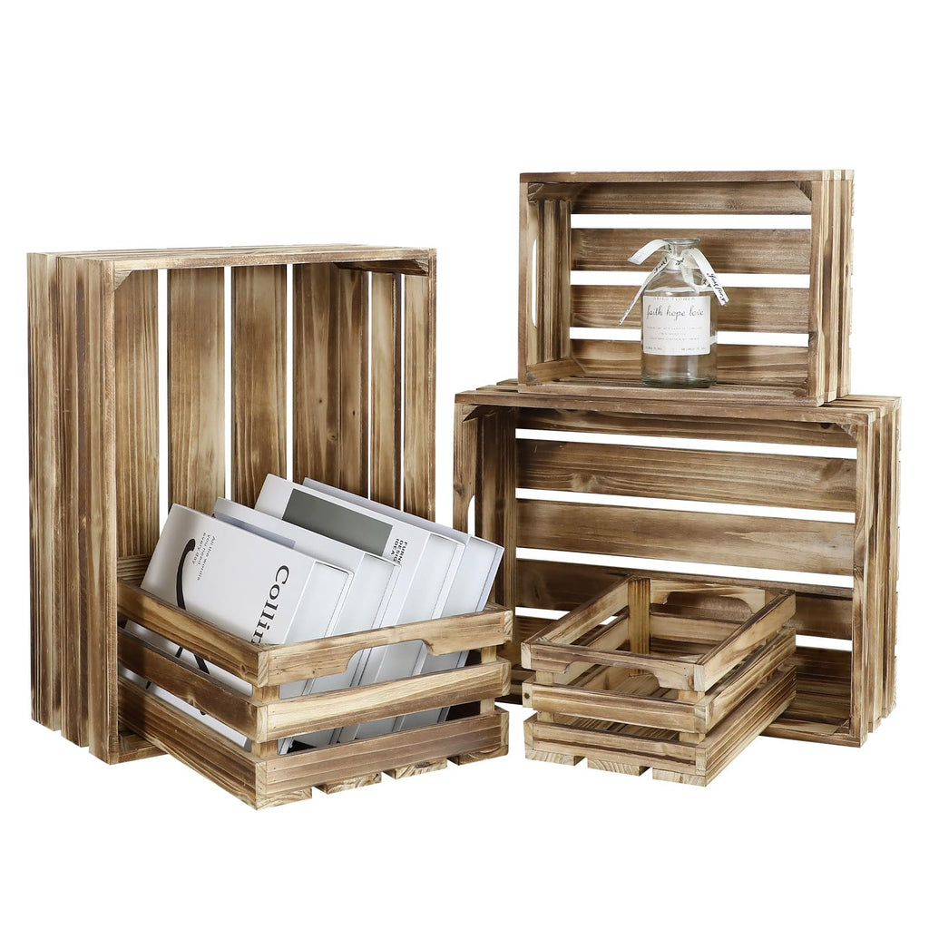 5-Piece Rustic Burnt Brown Wooden Crates Set, Wall Mountable Slatted Storage Crates with Handles, Farmhouse Wooden