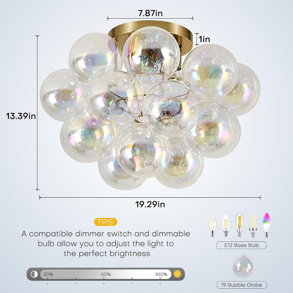 Bubble Glass Flush Mount Ceiling Light Mid Century Modern Gold Chandelier | Dimmable Bubble Lighting Fixture with 17