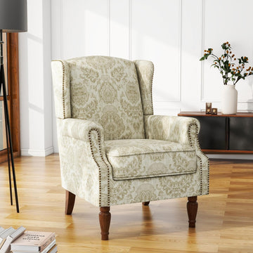 Floral Wingback Accent Chair, Fabric Upholstered High Back Armchair | Printed Reading Seat with Wooden Legs &