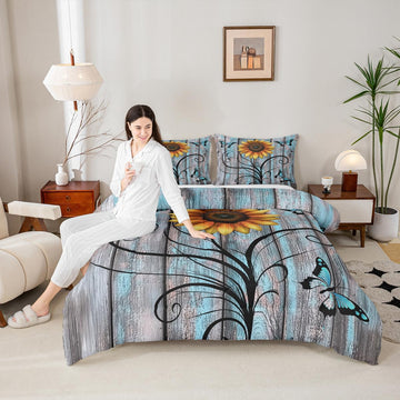 Yellow Sunflower Comforter Set, Butterfly Bedding Set Rustic Farmhouse