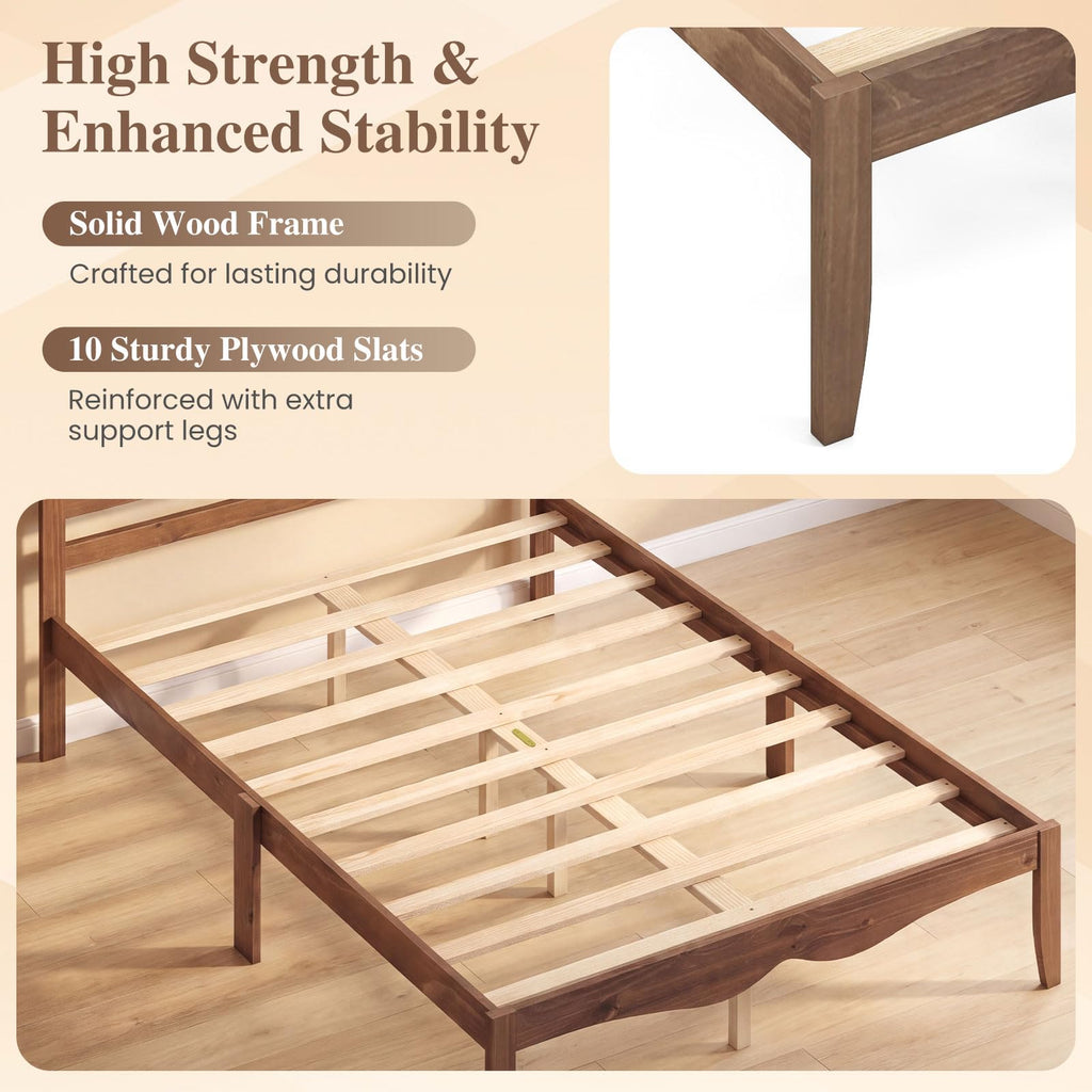 Full Size Wooden Bed Frame with Slatted Headboard, Walnut