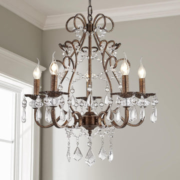 5-Lights Crystal Chandelier in Farmhouse Style, K9 Crystal Pendant Light for Bedroom, Dining Room, Living Room, H24 x D23, Chain Adjustable