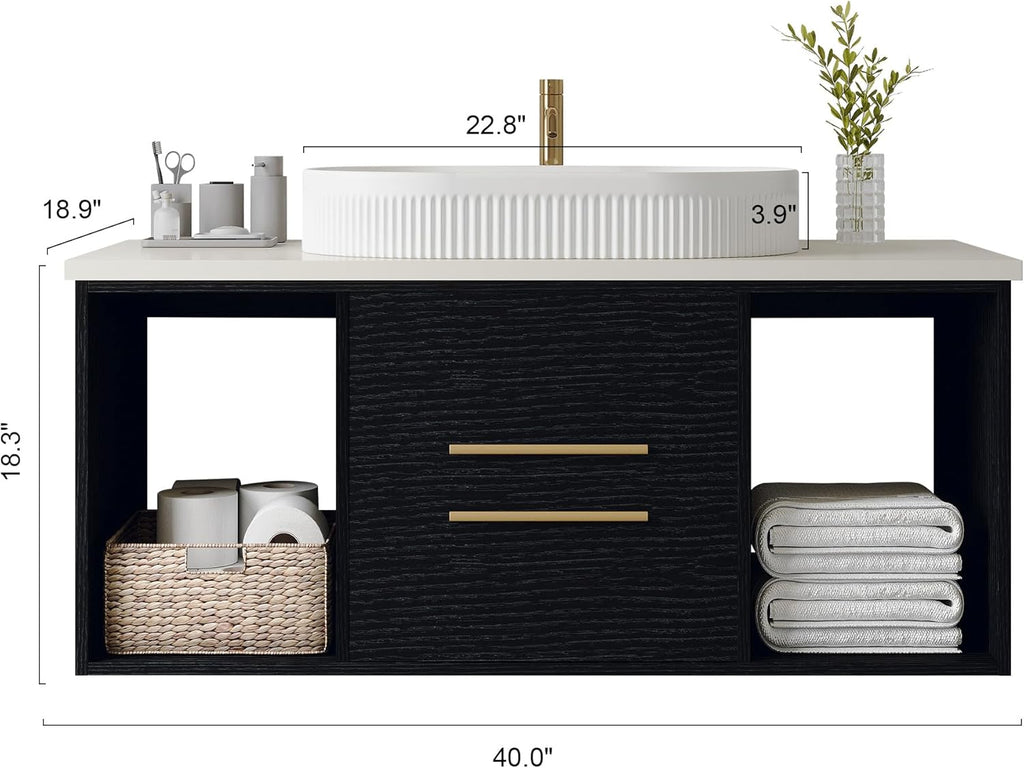 40" Modern Floating Bathroom Vanity with Premium AAA Grade Ceramic Sink, Wall-Mounted Solid Wood Cabinet