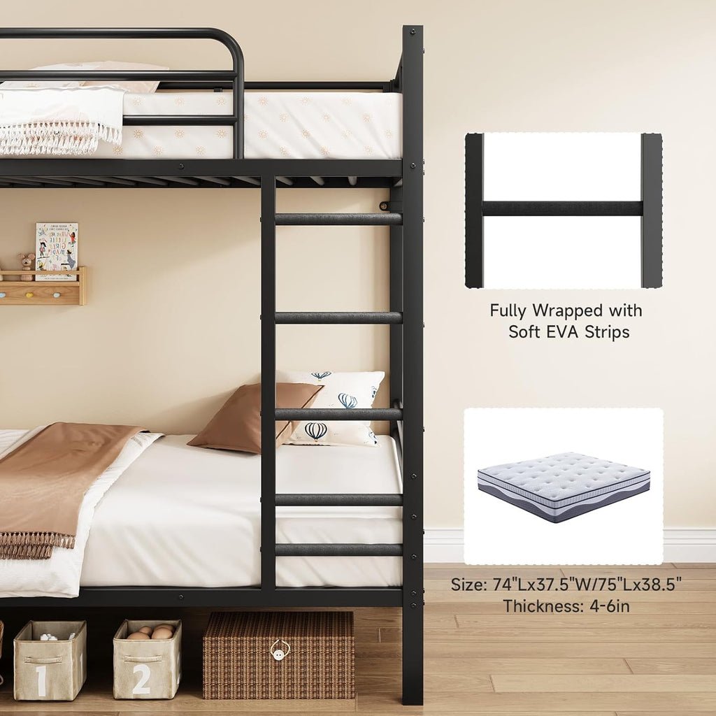 Bunk Bed Twin Over Twin, Metal Bunk Beds with Power Outlets & Desk