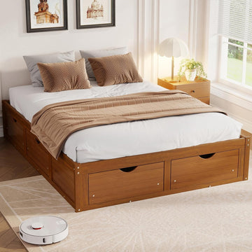 Japanese Platform Bed with 6 Storage Drawers, No Headboard (Walnut, Queen)