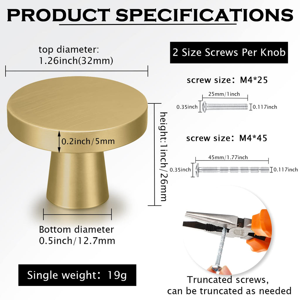 15 Pack Gold Cabinet Knobs Round Brass Kitchen Handles, Mushroom