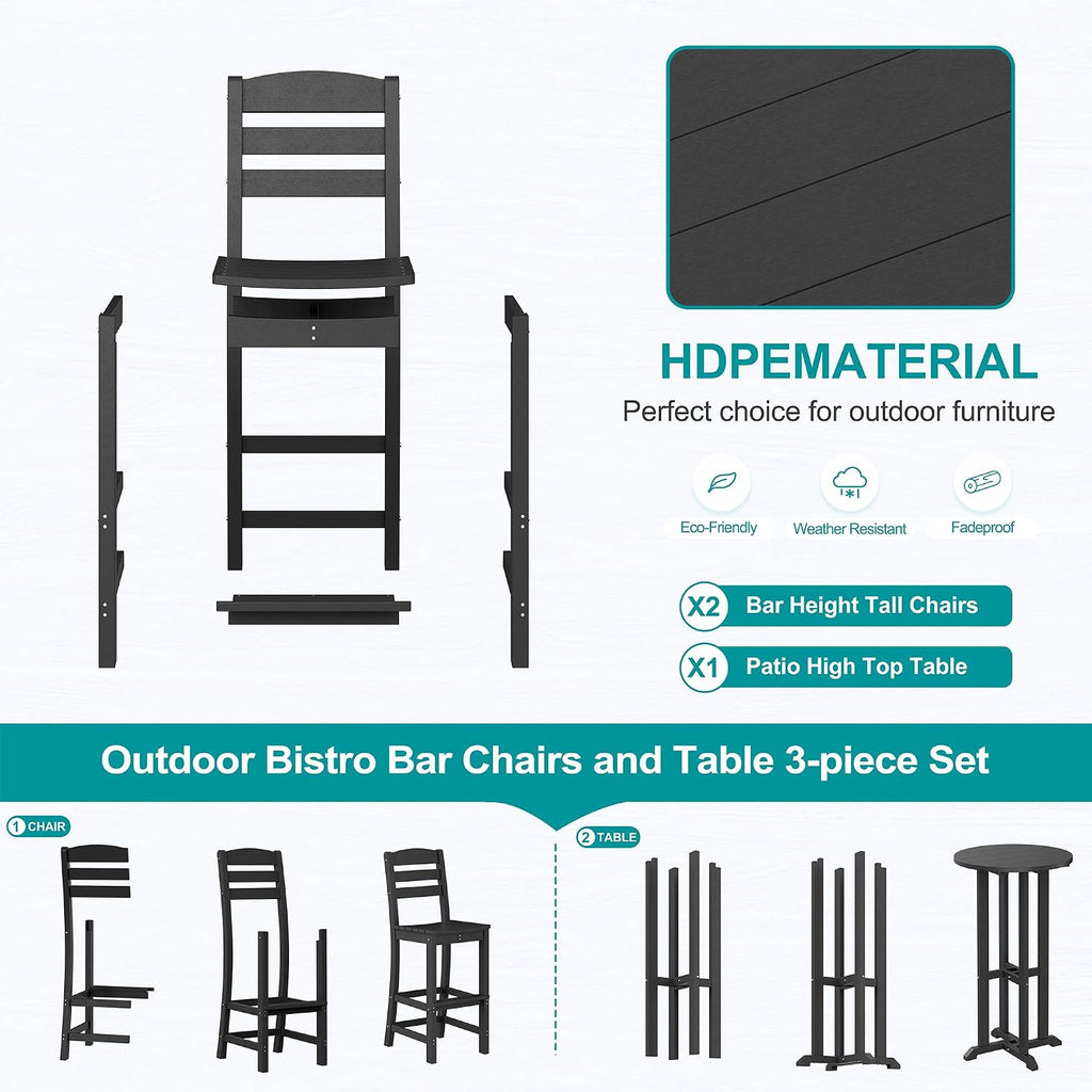 3 Piece Patio Swivel Bar Set, All Weather Mental Textilene High Swivel Bar Stools Chair Set of 2 and Glass Bar Table