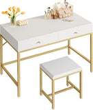 35.4" White and Gold Desk with 2 Drawers, Modern Makeup Vanity with Padded Stool