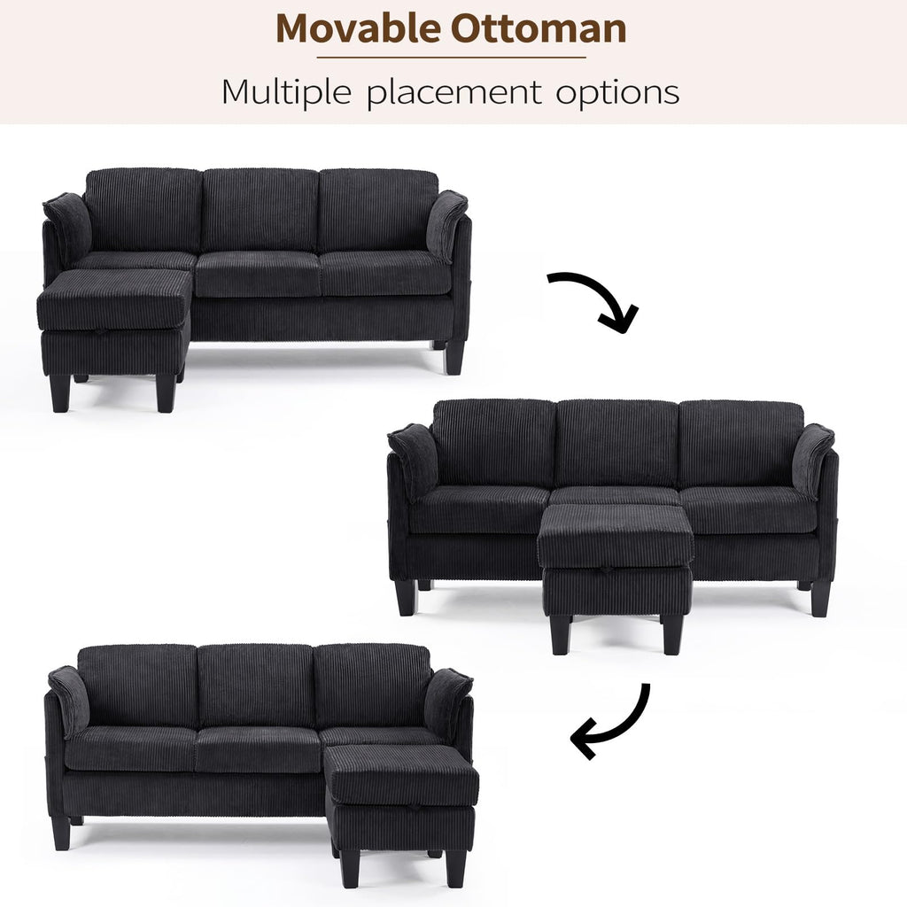 Modern Convertible L Shaped Sofa with Reversible Chaise, 3-Seater Corduroy Couch with Storage Movable Ottoman