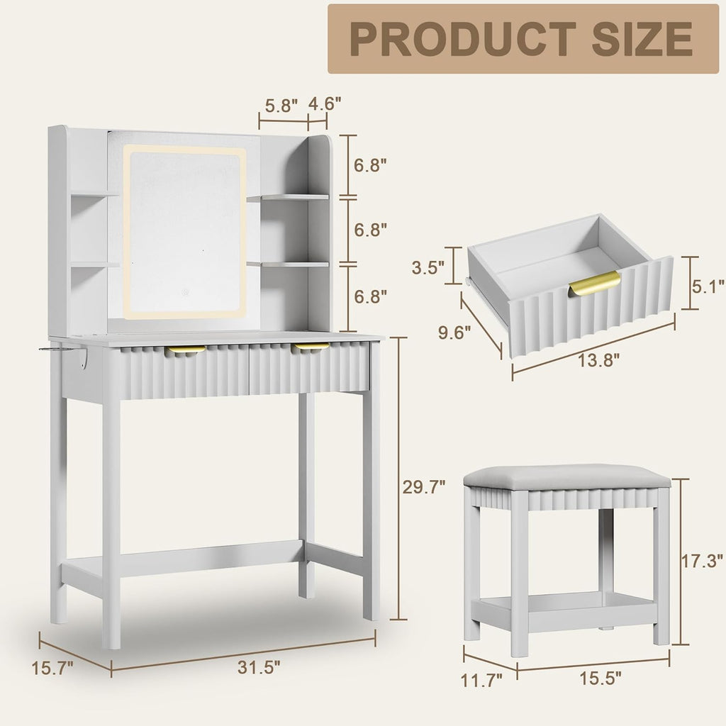 Vanity Desk with LED Mirror, 3 Lighting Modes and Chair | Small Makeup Vanity Table Set with Fluted Drawers, Dressing