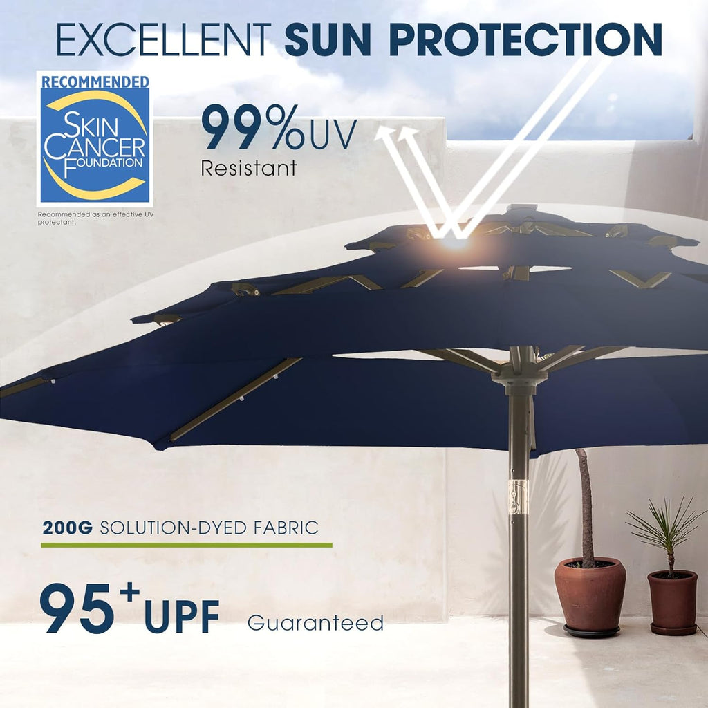 9FT 3Tiers Solar Led Patio Umbrella, Sturdy Outdoor Market Umbrella Pool, Garden w/Tilt, Crank, 32 LED Lights, Navy Blue