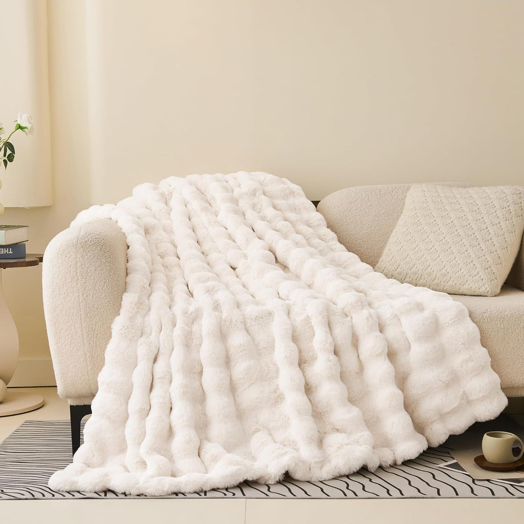 Soft Fluffy Faux Fur Throw Blanket 50"x60", Plush Thick Bubble Textured Blanket, Cozy Fuzzy Luxury Room
