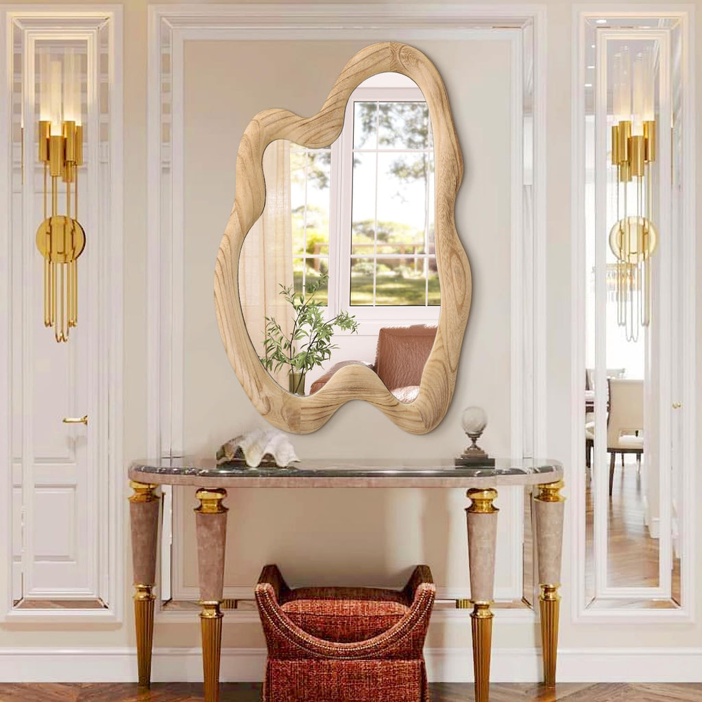 Large Rustic Wall Mirror with Wooden Frame Irregular Wall Mirror 32"x24" Decorative Asymmetrical Hanging Mirror