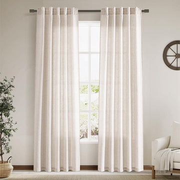 Beige Faux Linen Curtains 84 Inch Length 2 Panels Back Tab Pocket Semi Sheer Light Filtering Curtains Burlap Textured