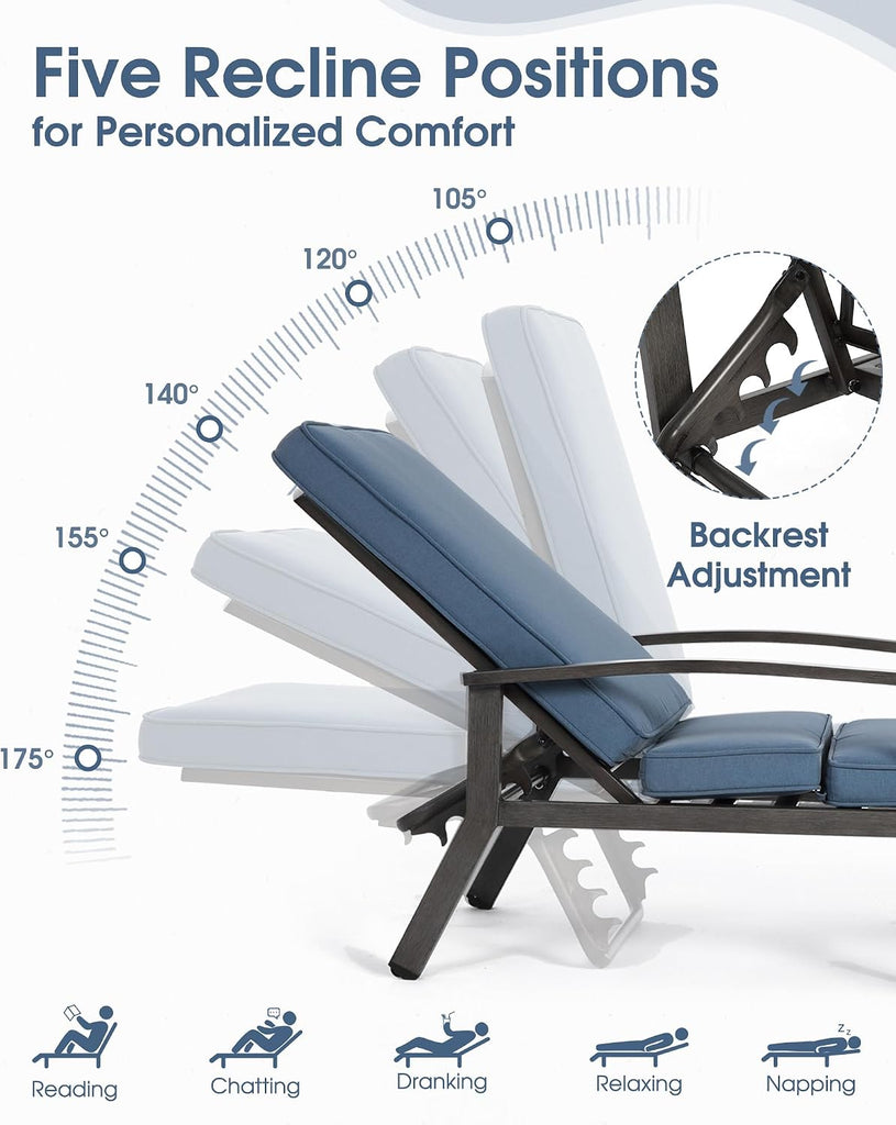 Chaise Lounge Chair Set of 2, Hand-Finished Wood Grain Cast Aluminum Reclining Loungers with Cushions, 5-Position