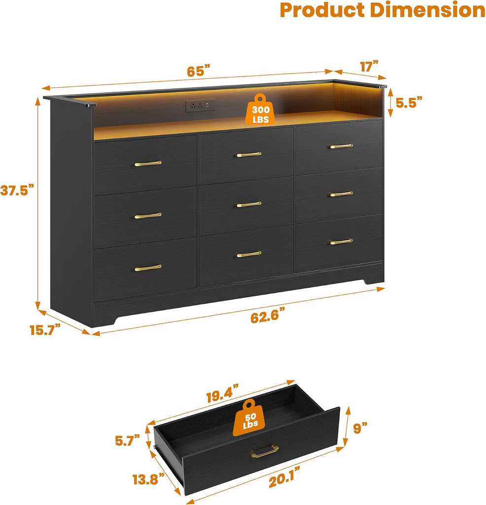 9 Drawer Dresser - 65" Wide Chest of Drawers with LED Light and Charging Station, Modern Large TV Stand Cabinet