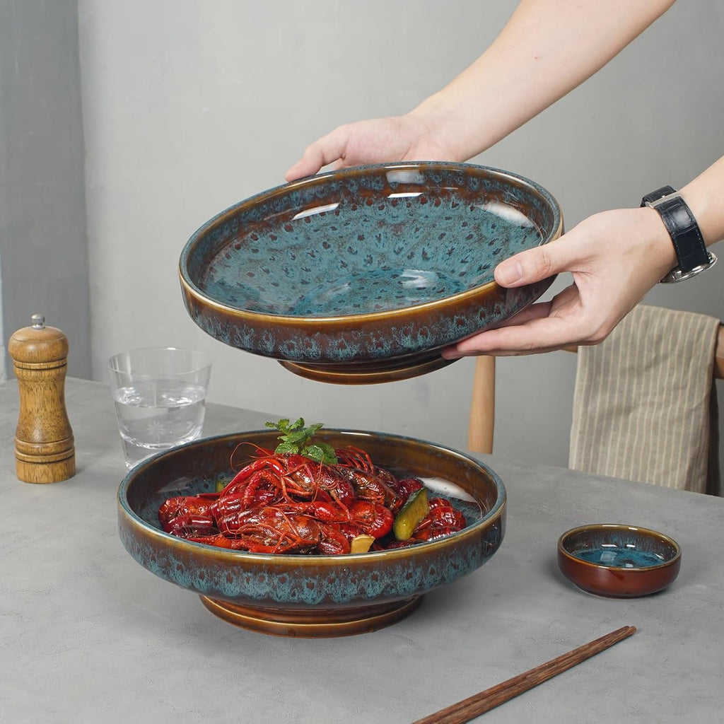 Ceramic Fruit Bowl Counter,Decorative Pedestal Bowl for Table Countertop,Large Footed Serving Bowl,10.2 Inch (peacock
