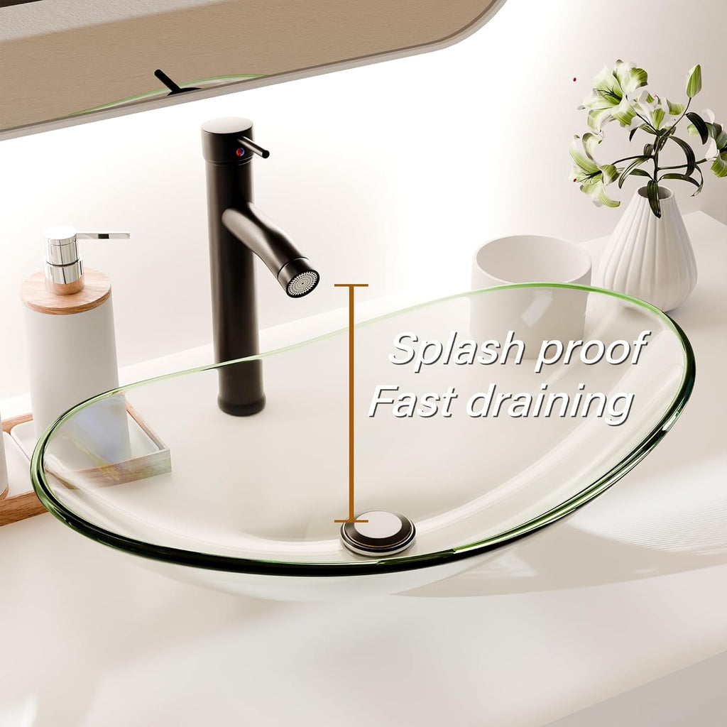 Tempered Glass Vessel Sink Bathroom, 20.8"x13.7" Oval Clear Above Counter Sink Bowl