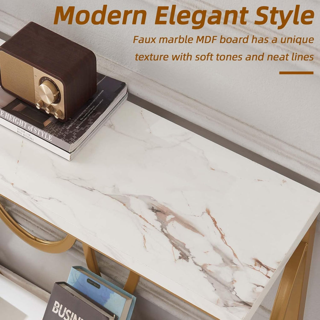 55 Inch Modern Entryway Console Table, White & Gold Faux Marble Top Engineered Wood Sofa Table with 2-Tier Open