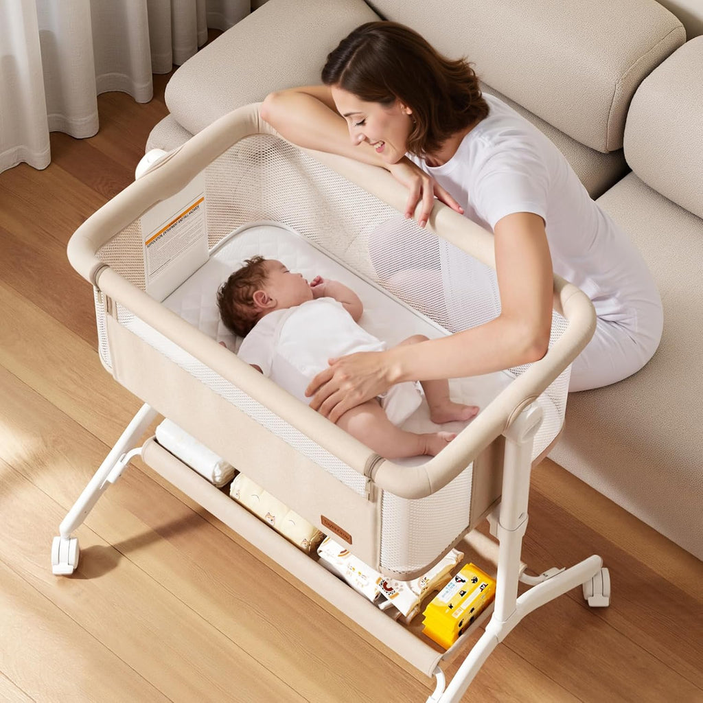 Bassinet Bedside Sleeper, All-Mesh, 5 Heights, Locking Wheels(Beige) | Washable mattress, oversized locking wheels