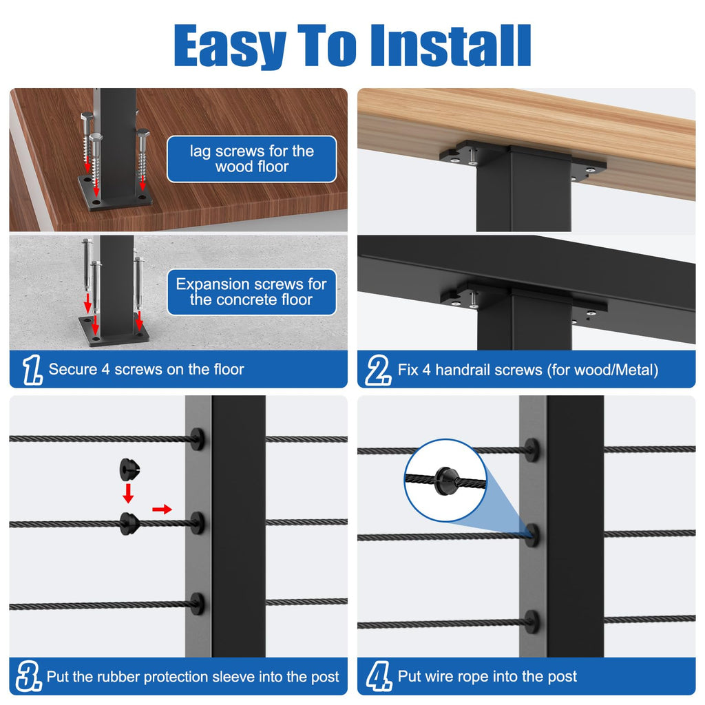 36" Level Drilled Cable Railing Post, Black Cable Railing Post (Post 35"x2"x2") for Deck Railing, Stainless Steel