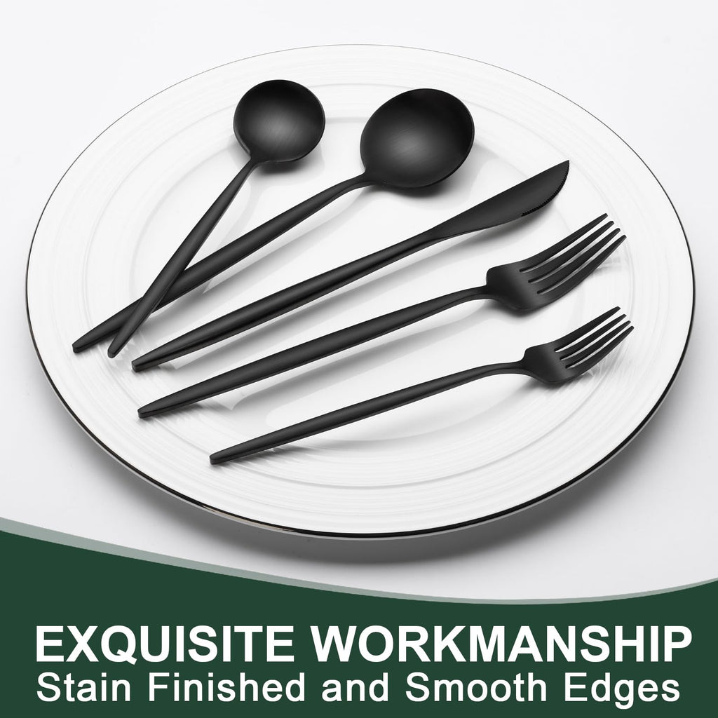 Matte Black Silverware Set 20 Piece, Stainless Steel Flatware Set Service for 4, Cutlery Utensil Sets Restaurant