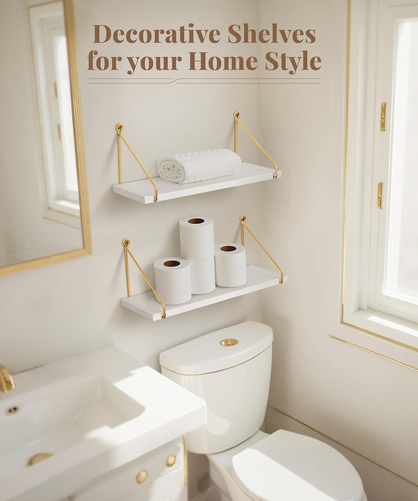 Floating Shelves for Wall, White and Gold Shelf, Display Wall Shelves | Hanging Bookshelf with Bracket, Solid Wood
