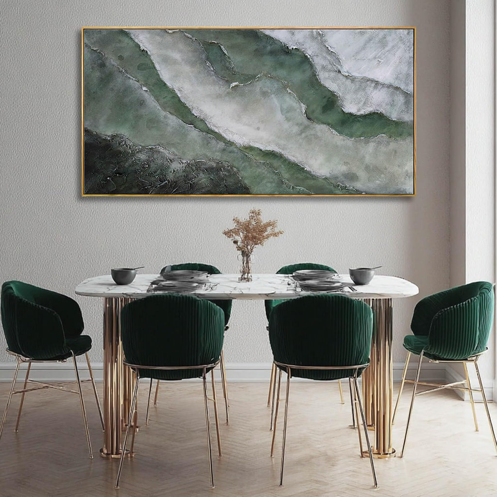 Green and White Abstract Wall Art, Large Framed Canvas Painting with Wooden Frame, Modern Abstract Wall