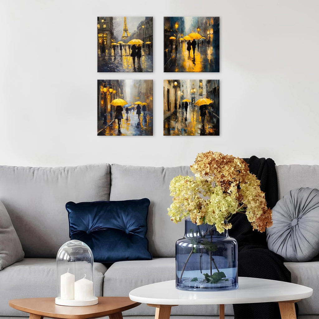 Abstract Paris Wall Art City Pictures Rainy Street Landscape Paintings Canvas Prints Yellow and Grey Wall Decor