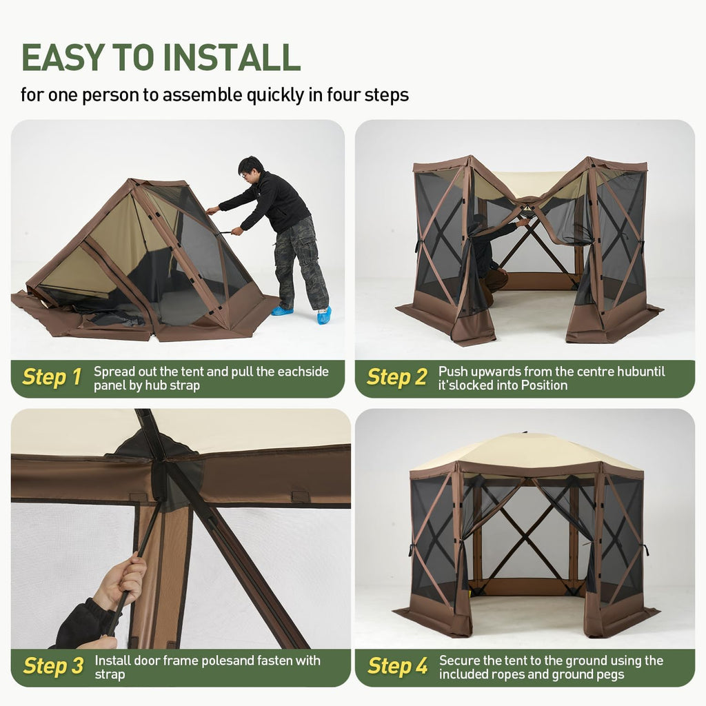 12x12FT Pop Up Canopy Tent, 6-Sided Pop-up Gazebo Screen Tent with Mesh Windows