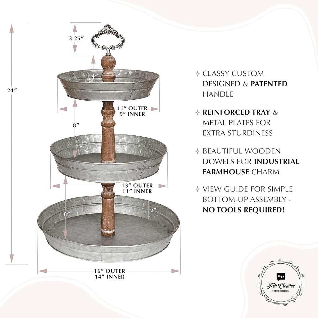 3 Tiered Tray Stand [XL] - Stunning, Extra Large Three Tier Tray, Galvanized Metal Serving Stand for Cookie and