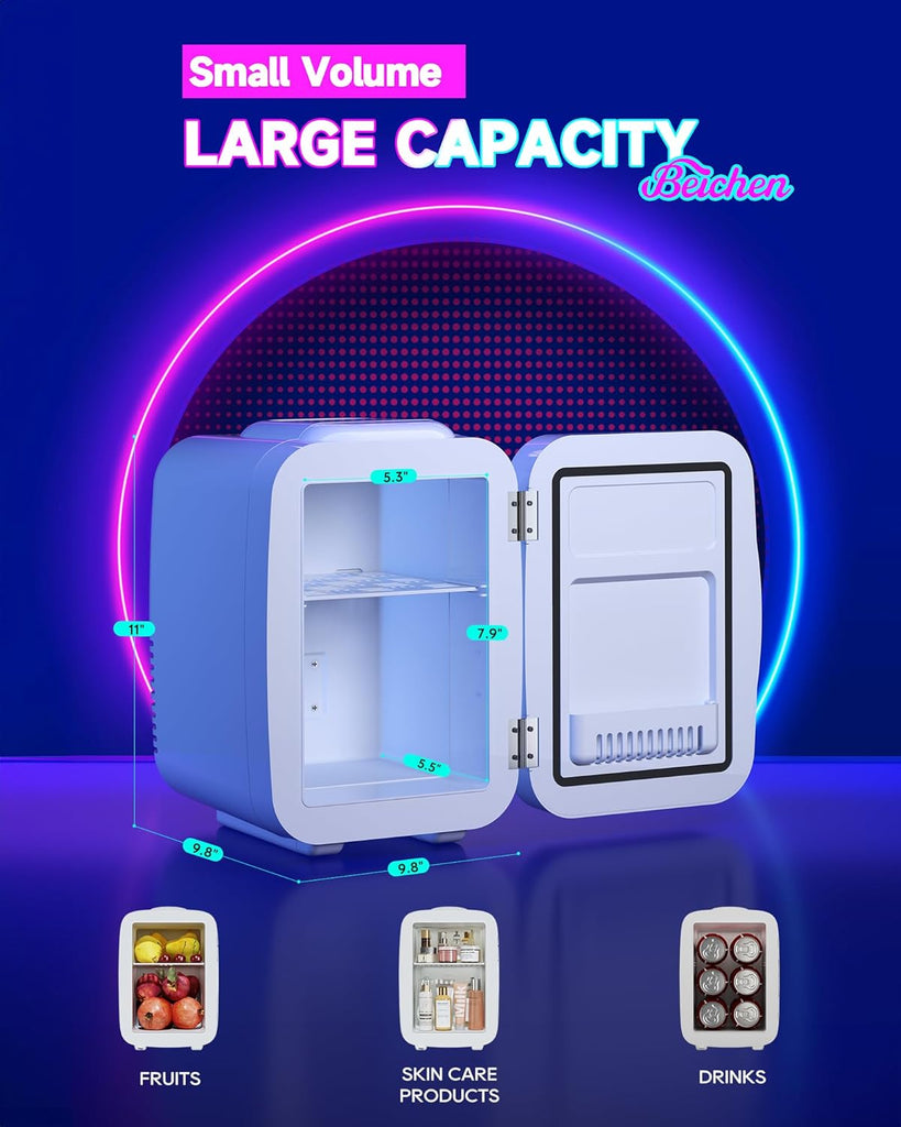 Mini Fridge, 4 Liter/6 Cans Small Refrigerator With Dimmable LED Light,AC/DC Portable Thermoelectric Cooler and Warmer