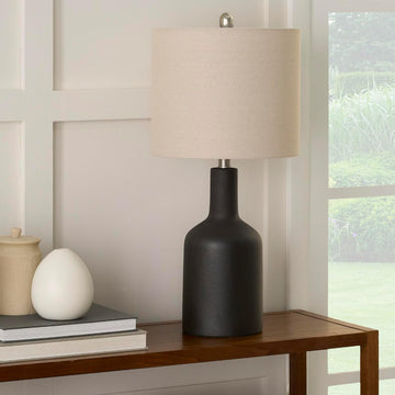 Home 22" Matte Black Ceramic Table Lamp with Oatmeal Shade for Modern, Transitional, Bedside Table, Living Room