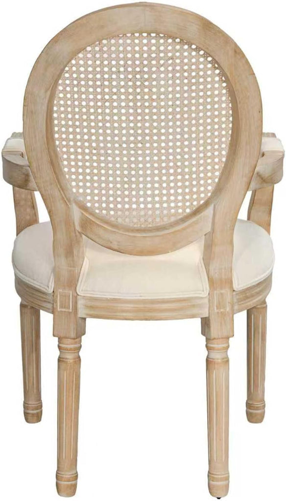 French Vintage Dining Armchairs Set of 2, Upholstered Fabric Chairs with Rattan Cane Back and Solid Wood Frame, French Country Style for Dining Room or Kitchen, Beige