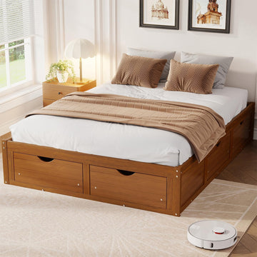 Japanese Queen Size Wooden Floor Bed Frame with 6 Storage Drawers