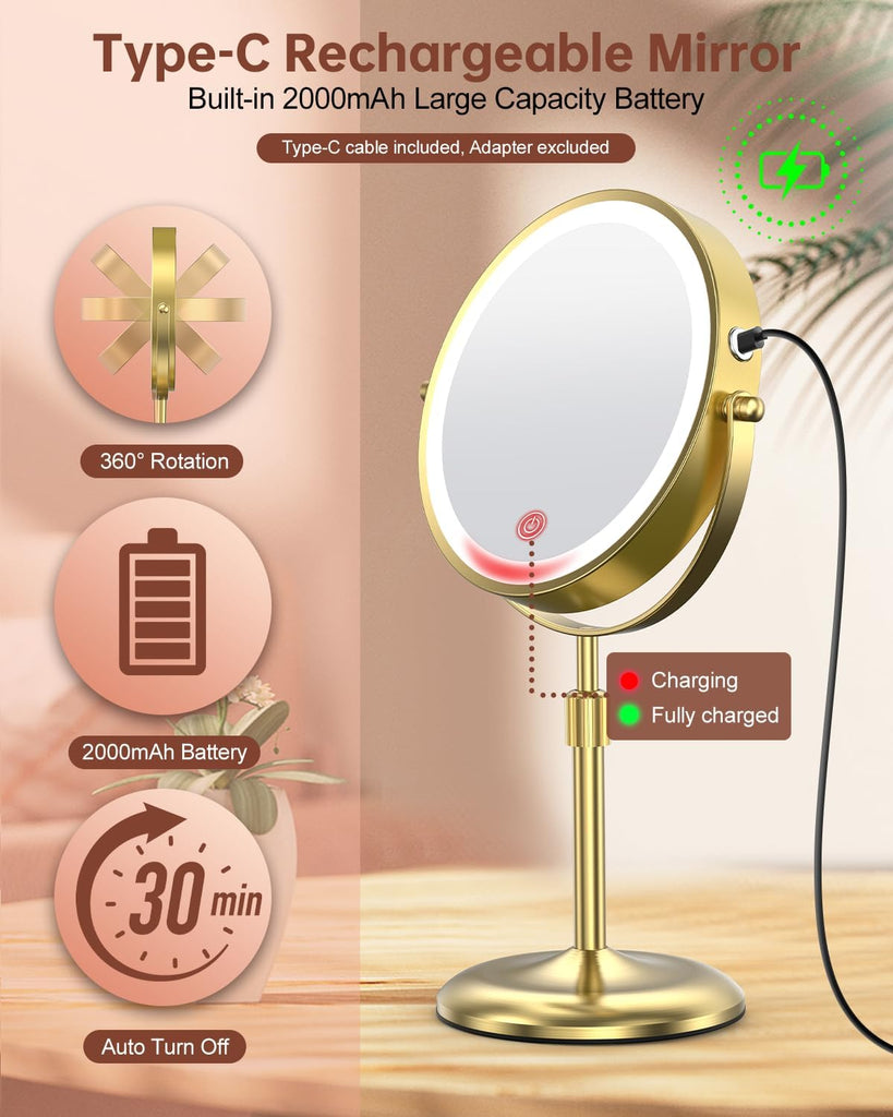 7" Lighted Makeup Mirror with 3 Color Lights & 10X Magnification, Adjustable Brightness & Height, 360° Swivel