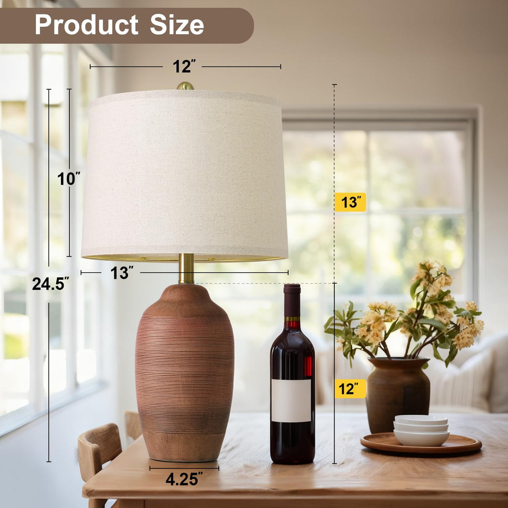 24.5" Single Rustic Terracotta Brown Handcrafted Ceramic Table Lamp 5FT Cord, Farmhouse Vintage Lamp with Linen Drum