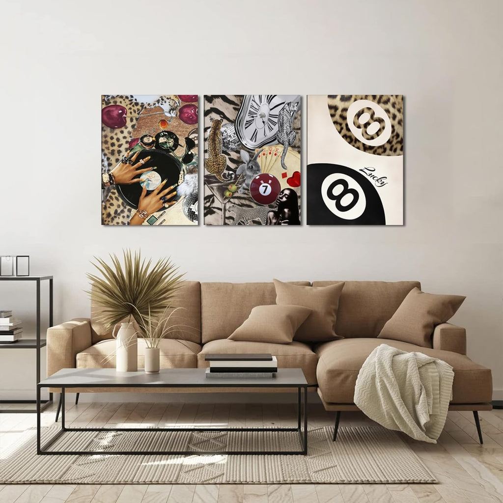 Fashion Cheetah Wall Art Set of 3 Leopard Wall Decor Pictures Lucky 8 Ball Poster Canvas Painting Prints Dark Red